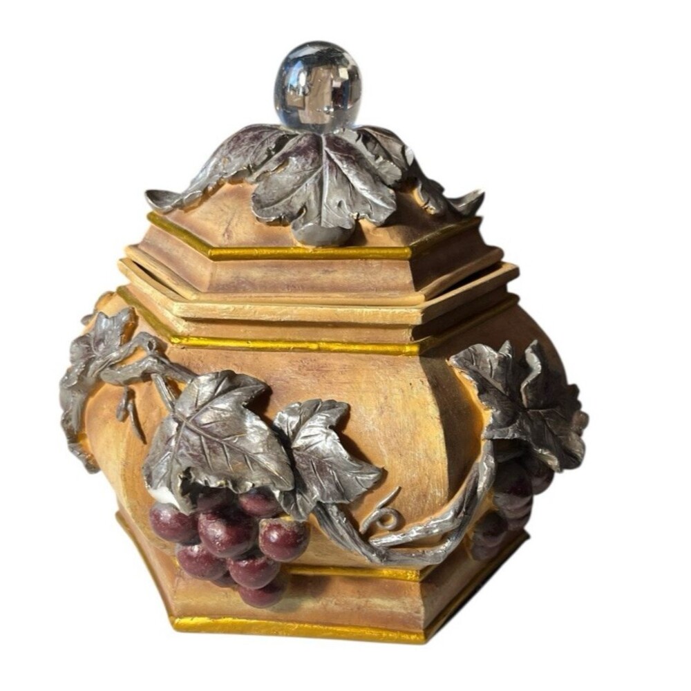 Vintage Art Nouveau Jewelry Casket Raised Relief Grapes Pewter Leaf Motif 8 x 7"